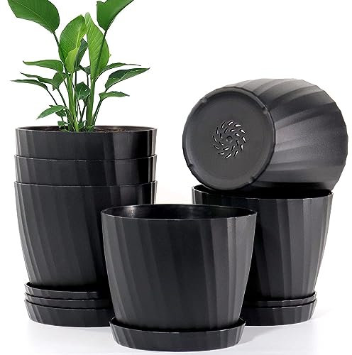 UOUZ Macetas de 7 Pulgadas a Granel, Paquete de 6 macetas de plástico con Agujeros de Drenaje y platillos para Plantas y Flores de Interior y Exterior, Color Negro