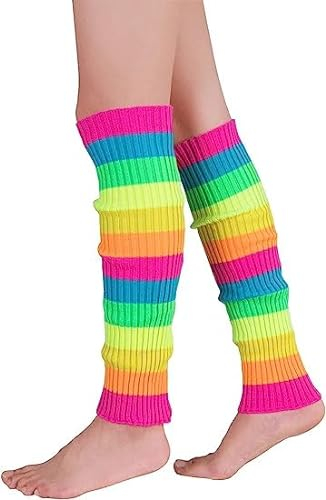 Durio Stulpen Damen Extra Warm Beinwärmer Winter Strick Häkelarbeit Legwarmers Verdicken Stricken Beinstulpen Damen Neon aerobic outfit 80er Ballett Yoga Stulpen Regenbogenfarben Einheitsgröße