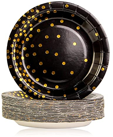 BOKFJBP 50 Stück Pappteller Schwarz Gold,18cm Goldfolie Polka Dot Teller Partygeschirr Set Einweg Kindergeburtstagsgeschirr für Geburtstag Hochzeit Abschlussfeier Party Urlaub Alle Anlässe