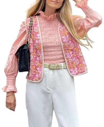 PDYLZWZY Gilet matelassé pour femme - Sans manches - Ouvert sur le devant - Veste crop Y2k - Manteau cardigan vintage, Rose, M