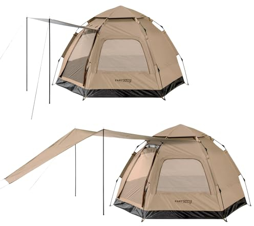 IDOOGEN Instant-Campingzelt für 4 Personen, 2 Netzfenster und 2 Türen, sechseckiges Design, einfach aufzubauen, Pop-Up-Zelt mit Vorraum und Regenschutz, Outdoor-Aktivität (hellbraunes Planenpaket)
