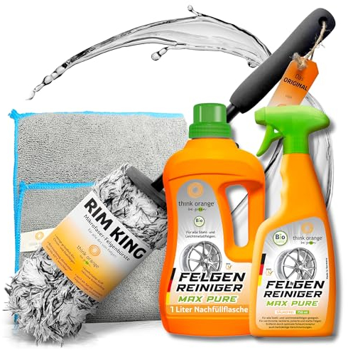 TOBG® Felgenreinigungsset [inkl. Felgenreiniger Max Pure 750ml, Felgenbürste, Nachfüllpack 1L & Mikrofasertuch] | Effektiv gegen Bremsstaub | Zur Reinigung von Stahlfelgen & Alufelgen | 4-teilig