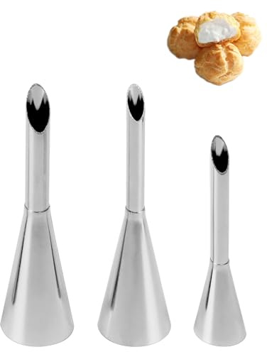3 Pcs Long Cream Puff Piping Nozzles, Stainless Steel Icing Tips