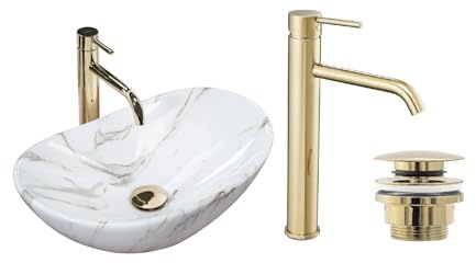 GTM Design Aufsatzwaschbecken Set mit Waschtischbatterie und Stopfen - Aufsatzwaschbecken Oval für Badezimmer - Modern Waschbecken ohne Hahnloch - Waschbecken mit Armature - Modell 13