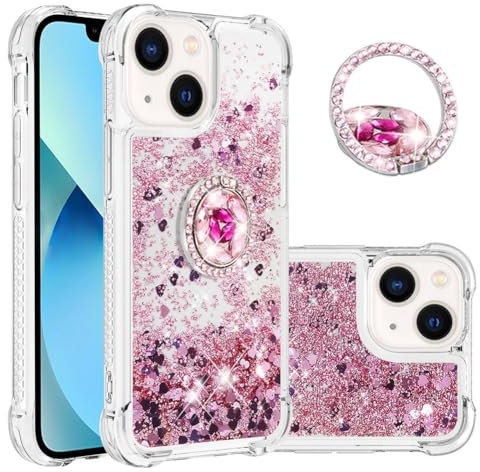 IMEIKONST Glitter Case for iPhone 15 Plus with Diamond Ring Kickstand, Moving Liquid Bling Quicksand Transparent Sequin Shockproof Protective Cover for iPhone 15 Plus. Love Rose YBZ