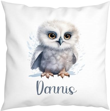 LIEBTASTISCH - Eule Kissen - Personalisiert - Kinderkissen - Dekokissen - Tiere - Junge - Mädchen - Geschenk - 40cm x 40 cm Kissen mit Füllung. (Eule Weiss 2)
