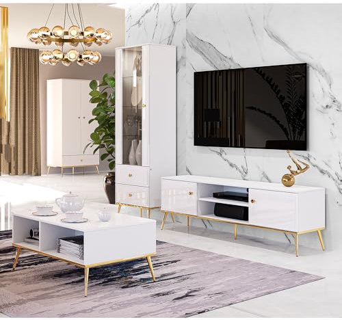 Lomadox Wohnwand TV-Wand Hochglanz weiß 4-teilig modern, 1 Lowboard, 1 Vitrine, 1 Couchtisch, 1 Schrank mit goldfarbenen Akzenten