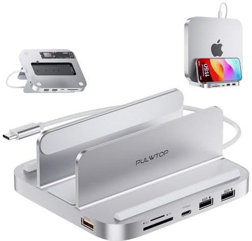 PULWTOP Mac Mini Hub avec boîtier M.2 SSD NVMe, 8 en 1 Station d'accueil Verticale avec USB A/C 10 Gbit/s, Mac Mini Dock avec SD/TF, M.2 SSD (SSD Non Inclus), Mac Mini Accessoires pour Mac Mini M2/M1