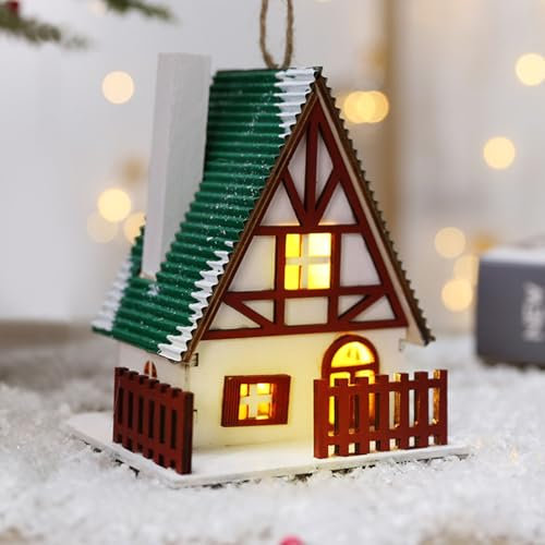 Xevinas LED Weihnachtsdorf Häuser Holz, Weihnachtsdeko Holz Weihnachtshaus Beleuchtet Aus Hochwertigen Holzmaterialien, Weihnachtsdeko Batterien Betrieben, Christbaumschmuck Holz LED Deko (C)