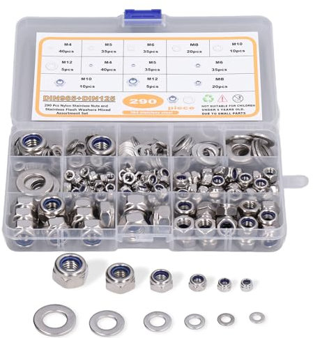 Nylon-Sicherungsmuttern-Set, 290 Stück M4 M5 M6 M8 M10 M12 Muttern-Unterlegscheiben-Sortiment 304 Edelstahl-Unterlegscheiben Nylon-Sicherungsmuttern für Schrauben