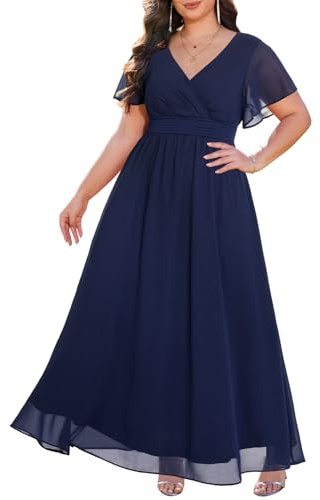 Talisea Formelle Kleider in Übergröße – V-Ausschnitt, Flatterärmel, Glitzer, Abschlussball, Abendkleid, Hochzeitsgäste, Chiffon, langes Maxikleid, Blauer Chiffon, 52 Mehr