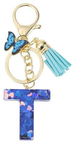 CAPASTEC Porte-Clés, Porte-Clés Pour Filles, Pendentif De Lettre T, Porte-Clés Papillon Avec Lettres Initiales, Cadeau De Porte-Clés Pour Femmes, Bleu