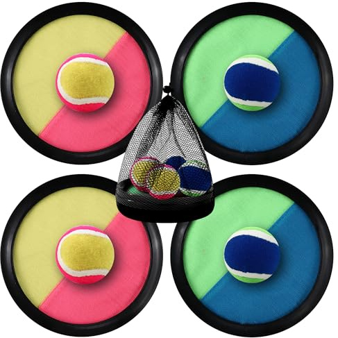 Klettballspiel,Klettball Strandspielzeug Ballspiele mit 4 Fangscheiben 4 Bälle，Mit Aufbewahrungsbeutel，Wurf und Fangspiel für Kinder ab3 4 5 6，Fangballspiel für Partys,Garten,Outdoor、Strandaktivitäten