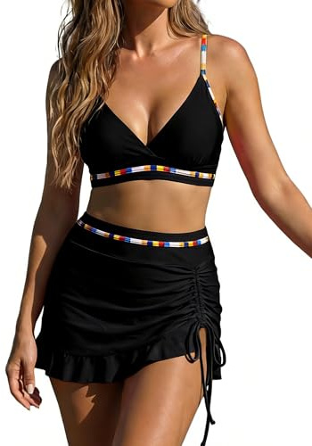 OUSIMEN Tvådelad baddräkt för kvinnor färgblock V-ringad bikinitopp med korsband på baksidan och plisserad sidodragsko badshorts
