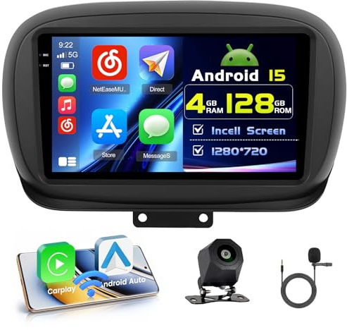 Hikity 4+128G 9 Autoradio Android per FIAT 500X 2014-2020 Wireless Carplay | Incell Touchscreen GPS Navi Bluetooth 5.0 WiFi FM/RDS Retrocamera EQ 4+128G
