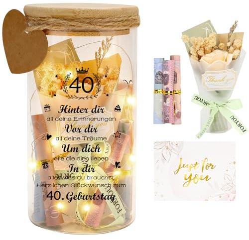 40. Geburtstagsgeschenk Geld Leuchtflasche für Geldgeschenke, Mann Frau zum40. Personalisiert LED Flaschenlicht Geburtstag Geschenk Dekoflasche Spardose mit Trockenblumen LED-Leuchten und Karten