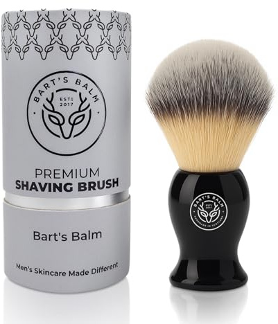 •Bart’s Balm Luxury Synthetic Shaving Brush for men – Soft Bristles, No Shedding, Black Handle – Combine with Shaving Soap or Cream For A Quick, Rich Lather– Vegan & Cruelty Free