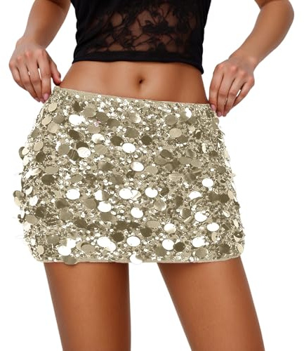 Glitzer Rock Gold Kurz Pailletten Rock Damen Elastische Taille Glitzerrock mit Futter Paillettenrock Sexy A-Linie Hüftrock Glitzerrock Kurz für Party Karneval Konzert Kostüm