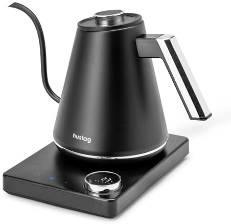 huslog Bollitore elettrico 1L con regolazione della temperatura 40-100°C, collo di cigno, display LED, funzione di mantenimento al caldo, 1100 W, acciaio inossidabile 304, nero argento, base con