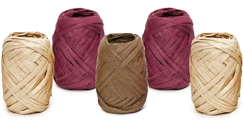 Papierband Raffiabast 5 Rollen Set je 20m - Geschenkband Raffia Papier Schnur Craft Verpackung - Bastband Papiergarn zum Binden Verzieren - Bänder für Geschenke Deko - Bordeaux Natur Mix