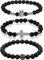Cupimatch 3pcs Buddha Onyx Armband Armreif 22cm, 8MM Achat Energie-Stein Kugelkette Gebet Mala Stretch 23cm mit Krone Kreuz Anhänger Armschmuck für Damen Herren, schwarz silber