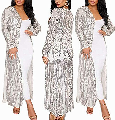 PROMLINK Sequin Cardigans Duster Sparkly Blazer Jackets Long for Women Evening, Color - Silver, XXXL