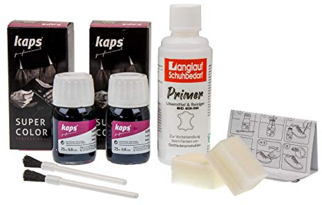 Kaps Super Color Lederfarbe 2 x 25ml + 100ml acetonfreier Primer Lederreiniger (beige) von Langlauf Schuhbedarf®