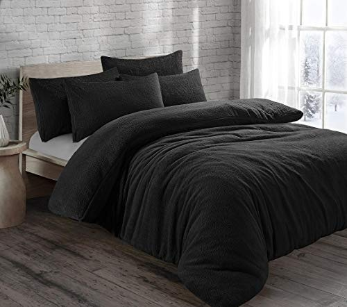 HOMES-LINEN Teddy Bear Fleece Thermal Warm Cosy Soft Fur Duvet Cover Set With Pillow Cases (Black, Super King)