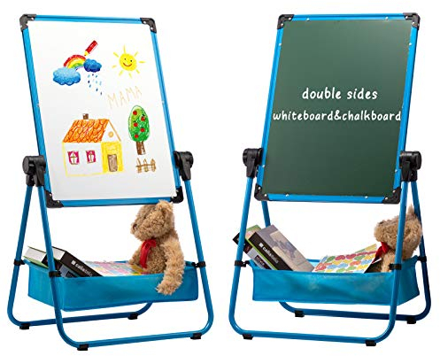 DOEWORKS Kinder Staffelei Magnetische Whiteboard U-Ständer, Doppelseitiges Whiteboard & Kreidetafel Schreibbrett mit Zubehör, Kinder Tafel Höhenverstellbar & 360°Rotation, Blau