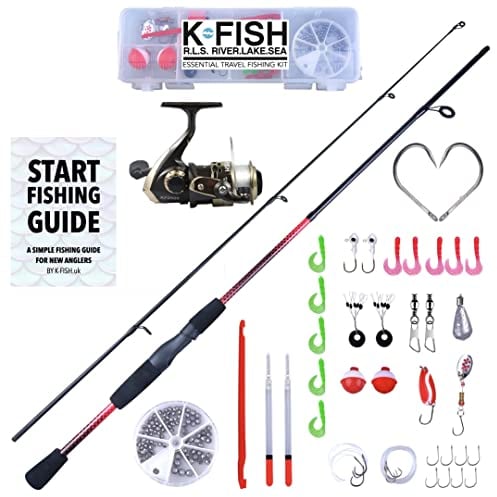 Rigged and Ready K-Fish Spinnruten-Set, Angelschnur, Angelschnur, Kombination mit Fischführung, 1,7 m, 50 Stück Angelköder, Zubehör für Salzwasser und Süßwasserfische