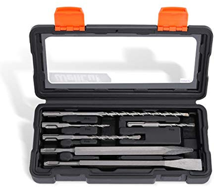 WELLCUT 6pcs Rotary Hammer Drill and Chisel Bit Set for Concrete Brick Stone Surfaces, Drill Accessories for DIY & Construction Projects, Storage Case Included