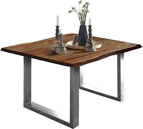 SAM Esszimmertisch 80 x 80 cm Mephisto, Baumkantentisch nussbaumfarben, Akazienholz massiv, U-Gestell Edelstahl gebürstet