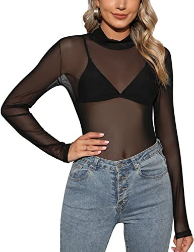 Tuopuda Women Long Sleeves Sheer Mesh Tops Black Stretchy Sheer T Shirts See Through Slim Fit Mesh Crew Neck Blouse(B,M)