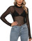 Tuopuda Women Long Sleeves Sheer Mesh Tops Black Stretchy Sheer T Shirts See Through Slim Fit Mesh Crew Neck Blouse(B,M)