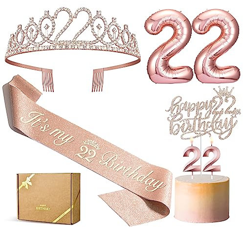 PHD CAKE Dekoration zum 22. Geburtstag für sie, einschließlich Krone zum 22. Geburtstag, Tiara, Schärpe, Geburtstagskerzen, 22 Zahlenballon