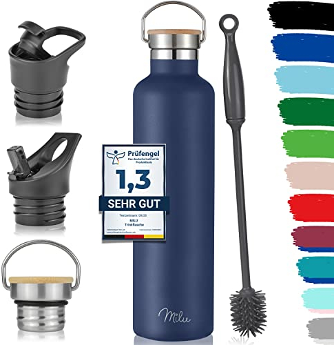 Milu Bouteille en acier inoxydable 350ml, 500ml, 750ml, 1l (+3 couvercles) - Bouteille thermo avec paille, bouteille d'eau, pour boissons chaudes, froides et gazeuses (Bleu marine, 1L)