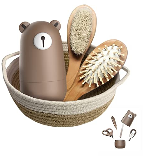 Baby 7 in 1 set di toelettatura, forbici per unghie, lima per unghie, pinzette, pettine per capelli in legno naturale, cesto portaoggetti per bambini e neonati in bella confezione regalo