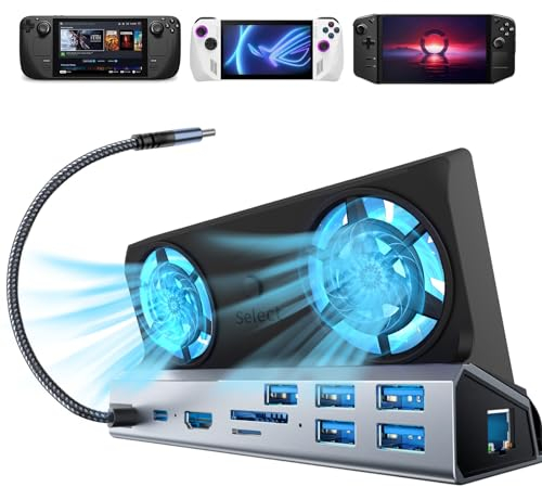 SHUOMENG Docking station 10-in-1 per Steam Deck OLED & ROG Ally X & Legion Go, doppia ventola di raffreddamento 5 porte USB, HDMI 2.0 4K@60Hz, porta di ricarica da 100 W Supporto ROG Ally 30 W,