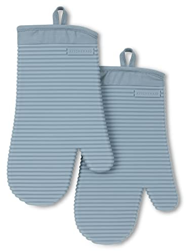KitchenAid Ribbed Soft Silicone Oven Mitt 2-Pack Set, Fog Blue, 7.5x13