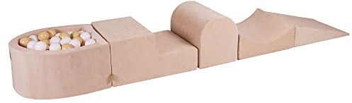 MEOWBABY Schaumstoff Bausteine Kinder - Bausteine XXL aus Schaumstoff mit Bällebad und 100 Bälle für Kinder - Baby Softbausteine zum Klettern, Samt, Ecru