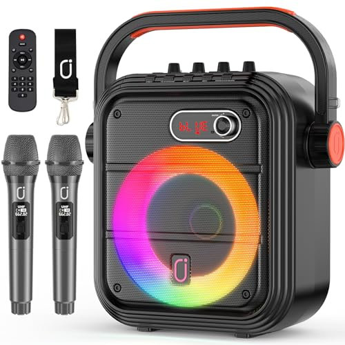 JYX Karaoke Machine with 2 Wireless Microphones, RGB Light PA System with Treble/Bass, Bluetooth Speaker Supports Live Broadcast/Monitoring/Sound Effects, Suitable for Adults/Kids (66Pro)
