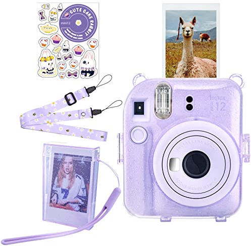 HIYQIN Great Glitter Clear Case with Portable Photo Box Compatible with Fujifilm Instax Mini 12, Instant Mini 12 Case with Accessories - Glitter Purple