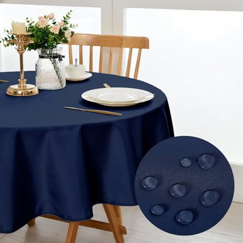 DWCN Dunkelblau Tischdecke Rund 160cm,Fleckschutz Abwaschbar Tischwäsche Wasserdicht Tischtuch für Esszimmer,Garten,Party,Hochzeiten oder Haushal