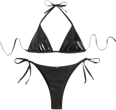 Falainetee Damen-Badeanzug, metallisch, glänzend, hohe Taille, dreieckig, seitliche Bindung, Bikini-Set