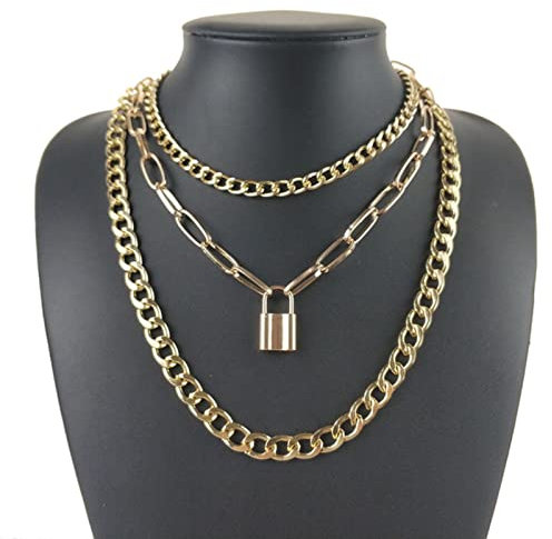 WEITING Punk-Halskette mit mehrlagigem Liebesschloss-Anhänger, Choker-Halskette für Damen und Herren, Vorhängeschloss, klobige Kette, Halskette, Paarschmuck, Geschenk, Gold