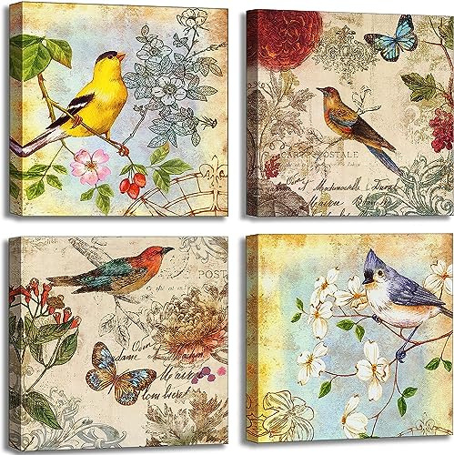 Blumen Vögel Leinwand Wandkunst für Schlafzimmer Floral Wall Decor Schmetterling Bild Gerahmtes Kunstwerk Vintage Drucke Gemälde für Badezimmer Küche Esszimmer Dekorationen