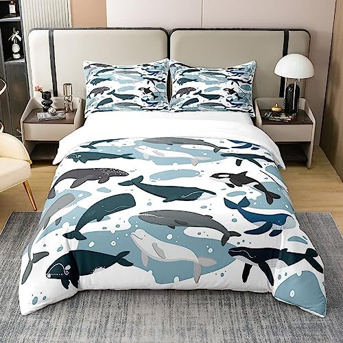 100% Baumwolle Wal Tröster Abdeckung 135x200,Marine Leben Bettbezug für Kinder,Kawaii Cartoon Sea Tier Quilt Cover,Unterwasser Säugetier Bettwäsche Set,Delfin Killer Wal Dekor Bettwäsche Abdeckung