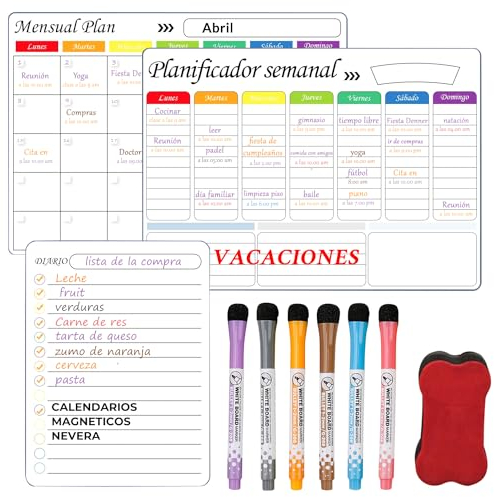 Nuzzli Planificador Mensual Magnetico - Calendario Magnetico Nevera y Organizador - Planificador Semanal Magnetico - Ideal Para Menú - 6 Rotuladores de Color de Borrado Fácil- Lista Diaria