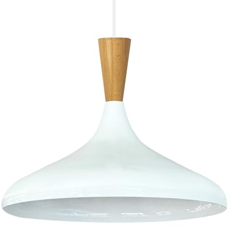 bamyum Champion Pendelleuchte aus Holz, 35 cm Hängelampe Metall E27 Moderne Esstisch Lampe, Skandinavisch Pendellampe für Schlafzimmer Wohnzimmer Küche Esstisch, Küchenlampe Hängend Weiß