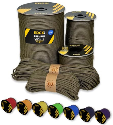EdcX Paracord 4 mm, 35+ Volltonfarben (10 m, 15 m, 30 m, 50 m, 100 m, 300 m) | Ideal zum Basteln, Camping, Outdoor | 100% Nylonseil 4 mm| Taktische Schnur 550 Typ III (Light Khaki, 10 m)